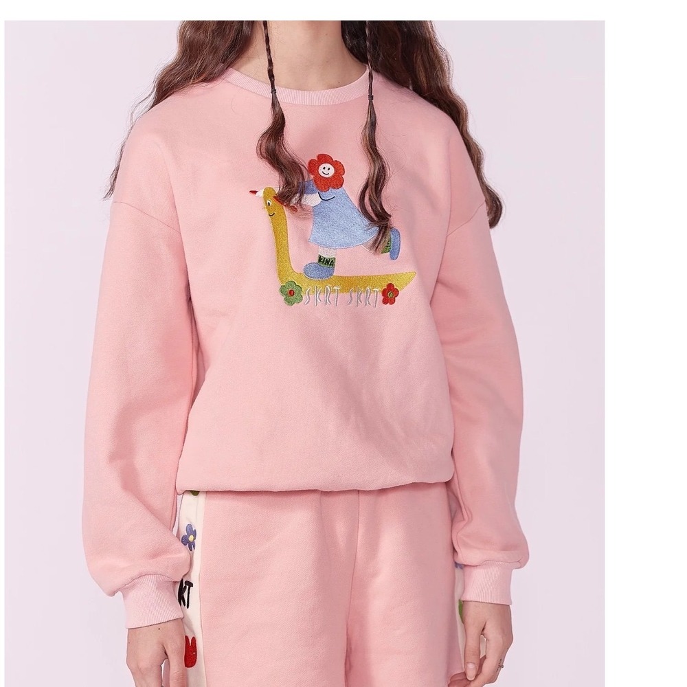 Kina & Tam Pink Embroidered Scooter Girl Organic Cotton Sweatshirt Small